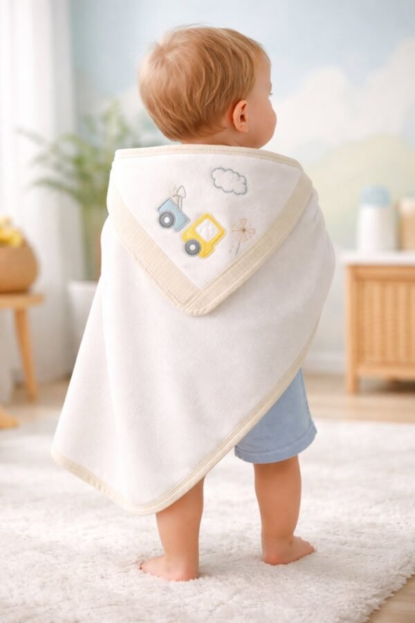 Erkek Bebek Tren Baskılı Pamuklu Banyo Havlusu Krem Renkli Rahat Kullanım - Gorsel 4