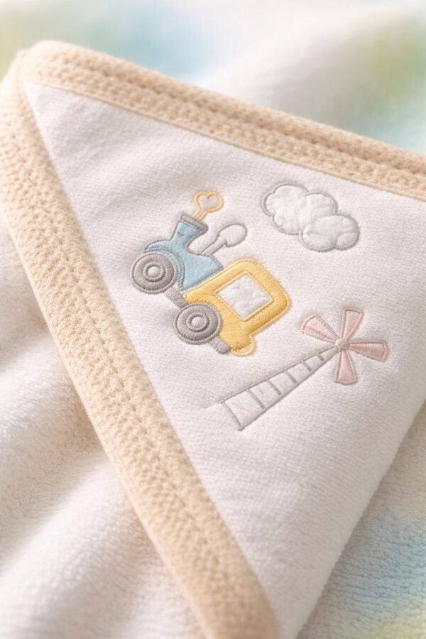 Erkek Bebek Tren Baskılı Pamuklu Banyo Havlusu Krem Renkli Rahat Kullanım - Gorsel 3