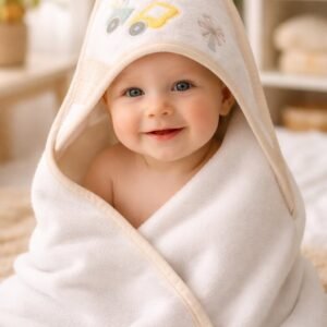 Erkek Bebek Tren Baskılı Pamuklu Banyo Havlusu Krem Renkli Rahat Kullanım - Gorsel 2