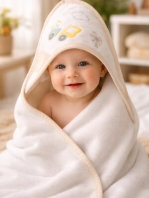 Erkek Bebek Tren Baskılı Pamuklu Banyo Havlusu Krem Renkli Rahat Kullanım - Gorsel 2