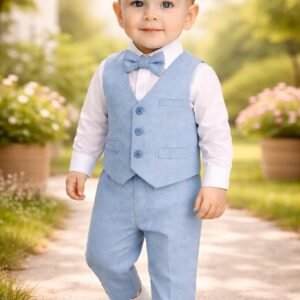 Erkek Bebek Uzun Kollu Gömlekli Papyonlu Yelekli Mavi Keten Takım, Erkek Bebek Giyim, Şık ve Rahat