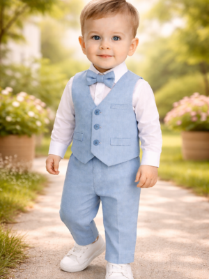 Erkek Bebek Uzun Kollu Gömlekli Papyonlu Yelekli Mavi Keten Takım, Erkek Bebek Giyim, Şık ve Rahat