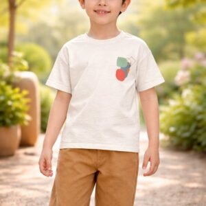 Erkek Çocuk Krem Kısa Kollu Tişört ve Keten Pantolon Takımı rahat hareket özgürlüğü ile