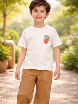 Erkek Çocuk Krem Kısa Kollu Tişört ve Keten Pantolon Takımı rahat hareket özgürlüğü ile