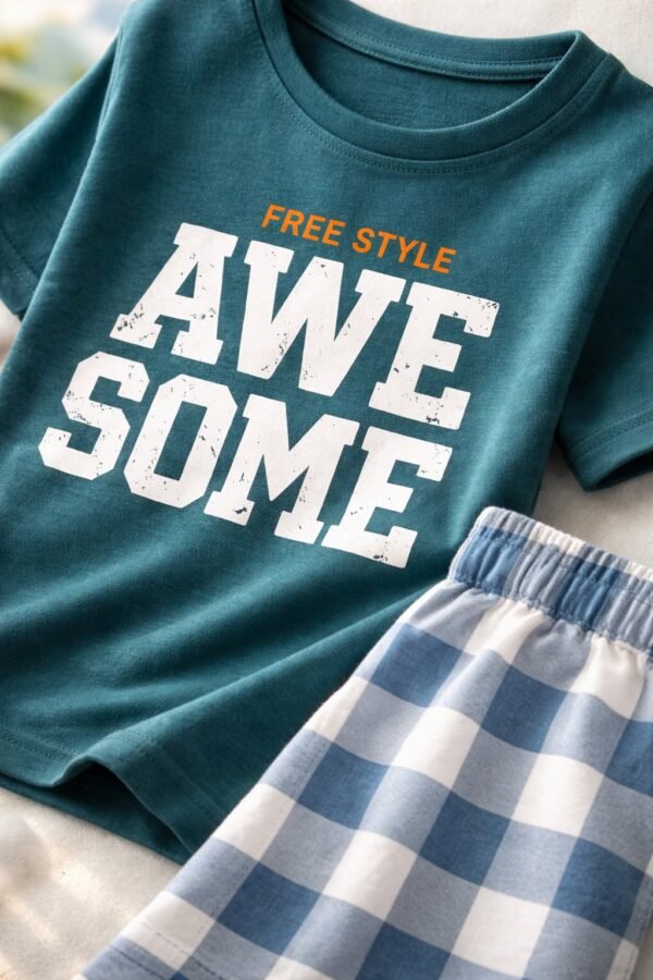 Erkek Çocuk Awe Some Yazılı Kısa Kollu Yeşil Pijama Takımı, Erkek Çocuk Giyim, Yazlık ve Rahat - Gorsel 3