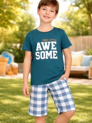 Erkek Çocuk Awe Some Yazılı Kısa Kollu Yeşil Pijama Takımı, Erkek Çocuk Giyim, Yazlık ve Rahat