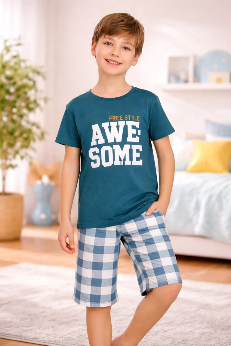 Erkek Çocuk Awe Some Yazılı Kısa Kollu Yeşil Pijama Takımı, Erkek Çocuk Giyim, Yazlık ve Rahat - Gorsel 2
