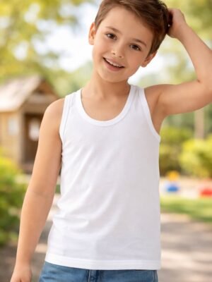 Erkek çocuk askılı atlet beyaz renk ve rahat kesim, 6-11 yaş çocuklar için uygun