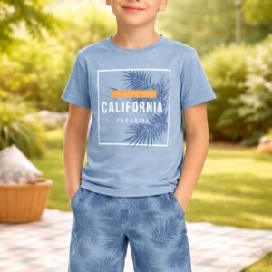 Erkek Çocuk Kisa Kollu Palmiye Baskili Yazlik Pijama Takimi