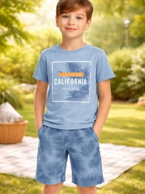 Erkek Çocuk Kisa Kollu Pijama Takimi Palmiye Baskili Yazlik Mavi Renk
