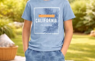 Erkek Çocuk Kisa Kollu Pijama Takimi Palmiye Baskili Yazlik Mavi Renk