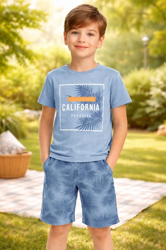 Erkek Çocuk Kisa Kollu Pijama Takimi Palmiye Baskili Yazlik Mavi Renk