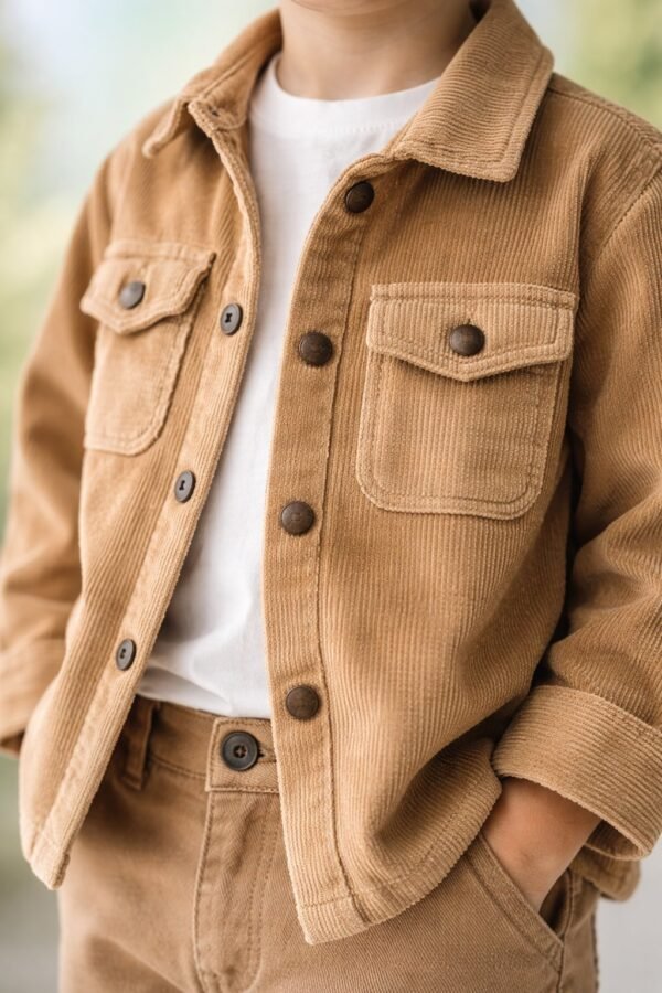 Erkek Çocuk Kadife Gömlek Kanvas Pantolon Takımı uzun kollu cepli kapamalı detaylar - Gorsel 3