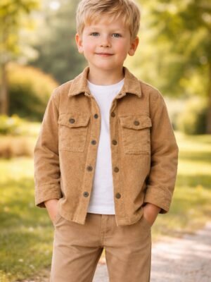 Erkek Çocuk Kadife Gömlek Kanvas Pantolon Takımı uzun kollu cepli kapamalı detaylar