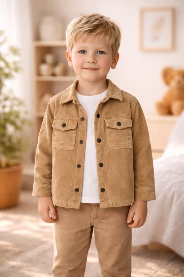 Erkek Çocuk Kadife Gömlek Kanvas Pantolon Takımı uzun kollu cepli kapamalı detaylar - Gorsel 2