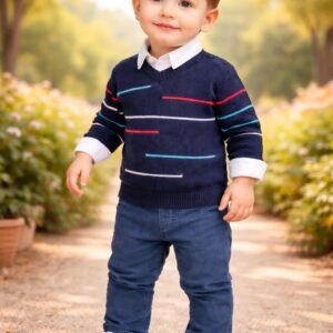 Erkek Çocuk Çizgi Desenli Kazak Keten Pantolon Gömlekli Takım