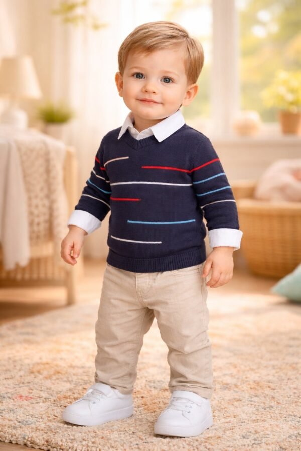 Erkek Çocuk Çizgi Desenli Kazak Keten Pantolon Gömlekli Takım, Erkek Giyim, Yazlık ve Şık - Gorsel 2