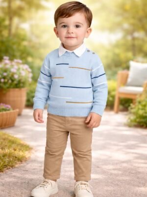 Erkek Çocuk Mavi Çizgi Detaylı Yazlık Takım 3 Parça Konforlu ve Rahat Kullanım