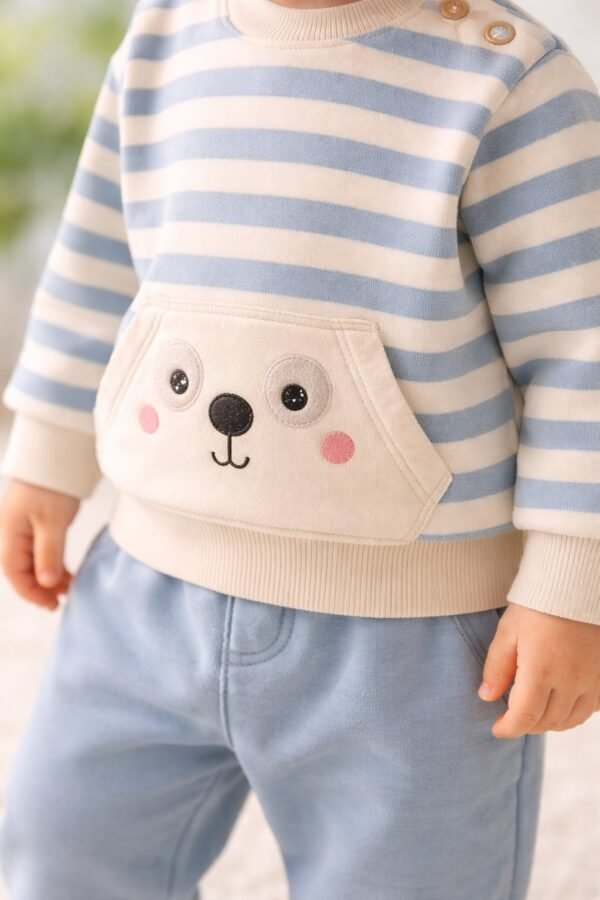 Erkek Çocuk Çizgili Köpek Yüz Baskılı İç Kısım Şardonlu Takım, Erkek Giyim, Günlük Konfor - Gorsel 3