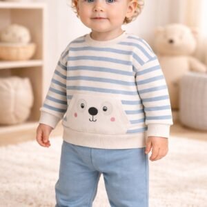 Erkek Çocuk Çizgili Köpek Yüz Baskılı İç Kısım Şardonlu Takım