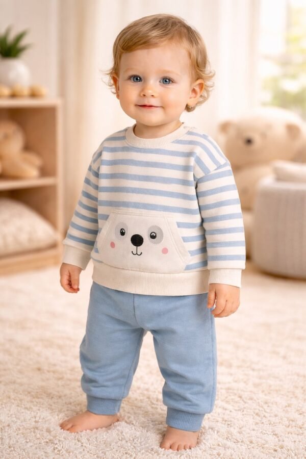 Erkek Çocuk Çizgili Köpek Yüz Baskılı İç Kısım Şardonlu Takım, Erkek Giyim, Günlük Konfor - Gorsel 2