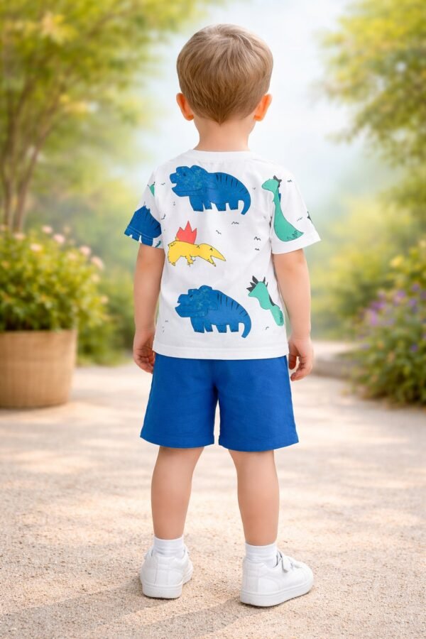 Erkek Çocuk Dinazor Baskılı Kısa Kollu Tişört ve Şort Takımı, Yazlık Bebek Giyim, Renkli Desenler - Gorsel 4
