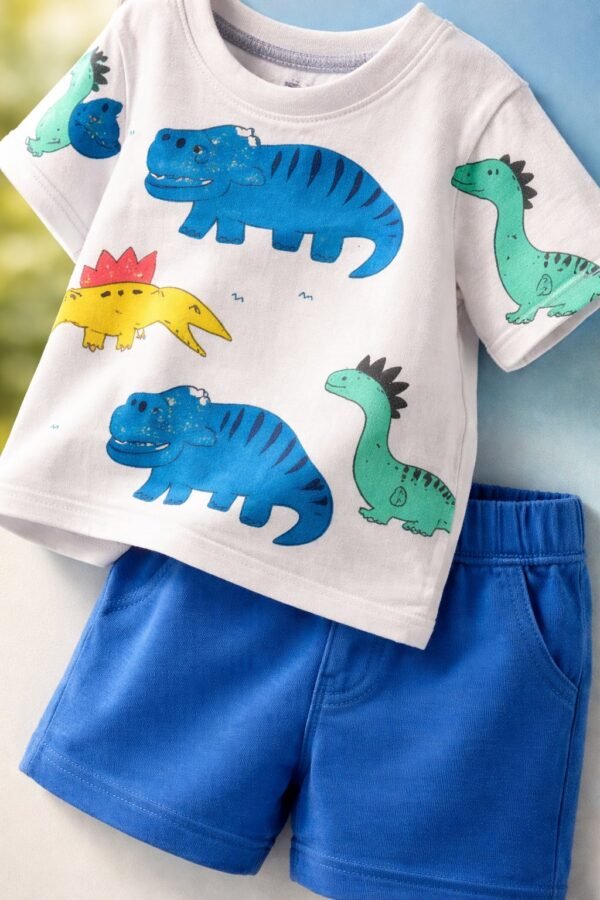 Erkek Çocuk Dinazor Baskılı Kısa Kollu Tişört ve Şort Takımı, Yazlık Bebek Giyim, Renkli Desenler - Gorsel 3