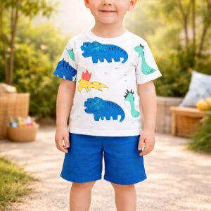 Erkek Çocuk Dinazor Baskılı Kısa Kollu Tişört ve Şort Takımı
