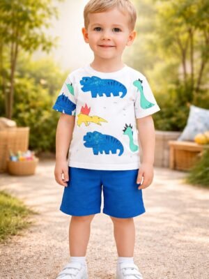 Erkek Çocuk Dinazor Baskılı Kısa Kollu Tişört ve Şort Takımı, Yazlık Bebek Giyim, Renkli Desenler