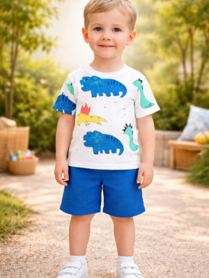 Erkek Çocuk Dinazor Baskılı Kısa Kollu Tişört ve Şort Takımı, Yazlık Bebek Giyim, Renkli Desenler