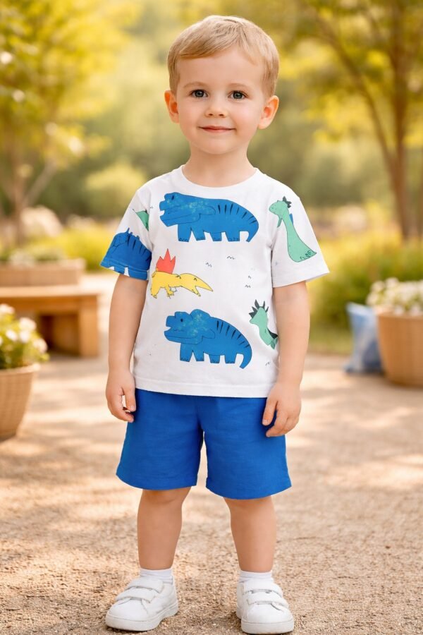 Erkek Çocuk Dinazor Baskılı Kısa Kollu Tişört ve Şort Takımı, Yazlık Bebek Giyim, Renkli Desenler - Gorsel 2