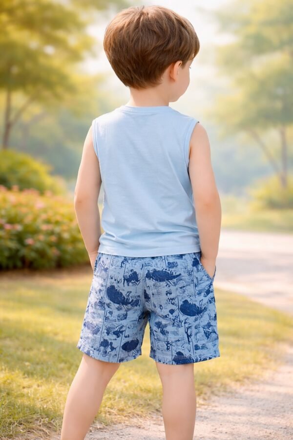 Erkek Çocuk Dinozor Baskılı Sıfır Kollu Şortlu Pijama Takımı, Erkek Çocuk Giyim, Mavi Renkli ve Dinozor Desenli - Gorsel 4