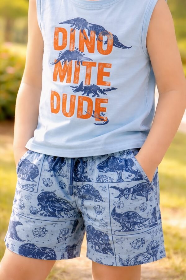 Erkek Çocuk Dinozor Baskılı Sıfır Kollu Şortlu Pijama Takımı, Erkek Çocuk Giyim, Mavi Renkli ve Dinozor Desenli - Gorsel 3