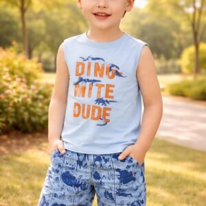 Erkek Çocuk Dinozor Baskılı Sıfır Kollu Şortlu Pijama Takımı