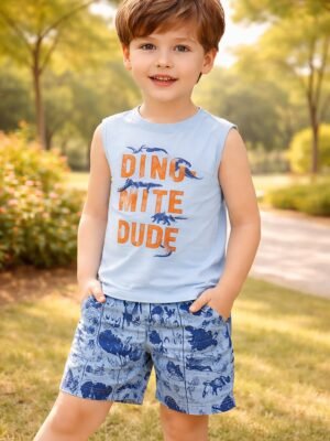 Erkek Çocuk Dinozor Baskılı Sıfır Kollu Şortlu Pijama Takımı, Erkek Çocuk Giyim, Mavi Renkli ve Dinozor Desenli