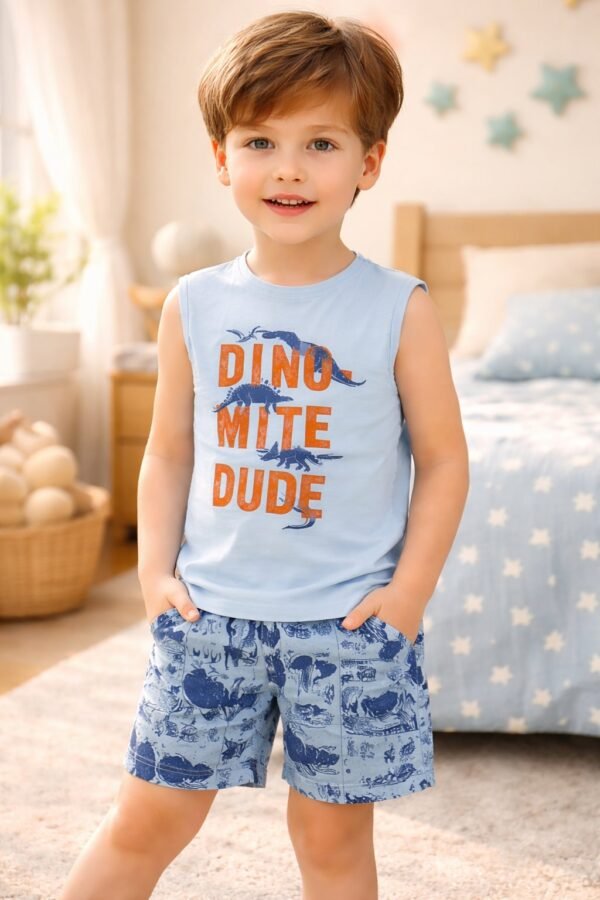 Erkek Çocuk Dinozor Baskılı Sıfır Kollu Şortlu Pijama Takımı, Erkek Çocuk Giyim, Mavi Renkli ve Dinozor Desenli - Gorsel 2
