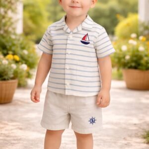Erkek Çocuk Gemi Nakışlı Çizgili Keten Gömlek ve Şort Takımı Mavi Beyaz Çizgili