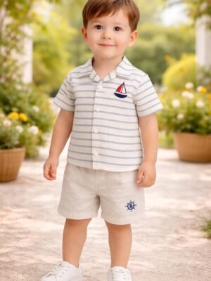 Erkek Çocuk Gemi Nakışlı Çizgili Keten Gömlek ve Şort Takımı Mavi Beyaz Çizgili