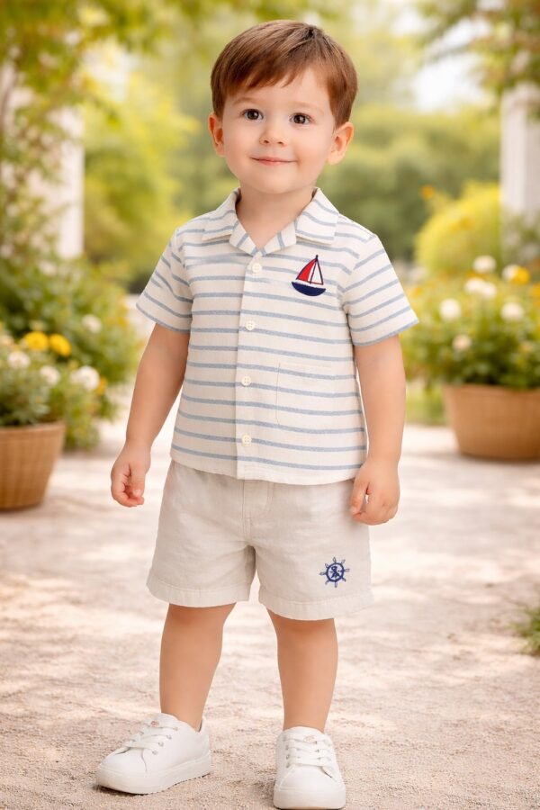 Erkek Çocuk Gemi Nakışlı Çizgili Keten Gömlek ve Şort Takımı Mavi Beyaz Çizgili