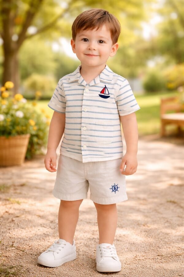 Erkek Çocuk Gemi Nakışlı Çizgili Keten Gömlek ve Şort Takımı Mavi Beyaz Çizgili - Gorsel 2