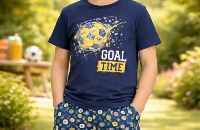Erkek çocuk Goal Time yazılı top baskılı kısa kollu pijama takımı, rahat ve şık tasarım