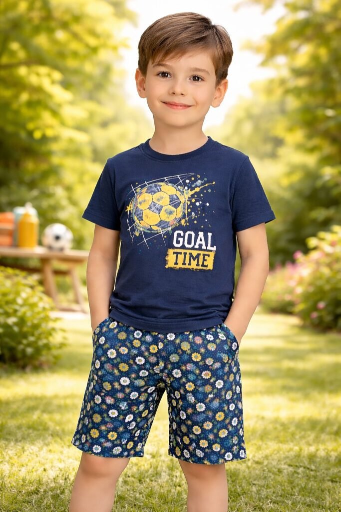 Erkek çocuk Goal Time yazılı top baskılı kısa kollu pijama takımı, rahat ve şık tasarım