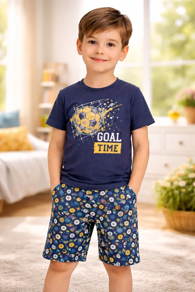 Erkek çocuk Goal Time yazılı top baskılı kısa kollu pijama takımı, rahat ve şık tasarım - Gorsel 2