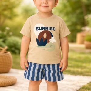 Kahverengi Erkek Çocuk Kısakollu Tişört ve Şort Takım