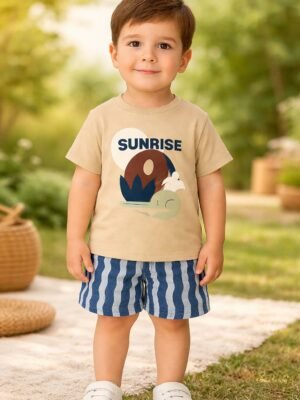 Kahverengi Erkek Çocuk Kısakollu Tişört ve Şort Takım, Yazlık ve Rahat, Çizgili Şort