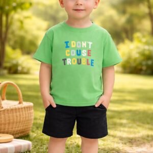 Erkek Çocuk I Dont Couse Trouble Yazılı Yeşil Kısa Kollu Tişört ve Şort Takımı