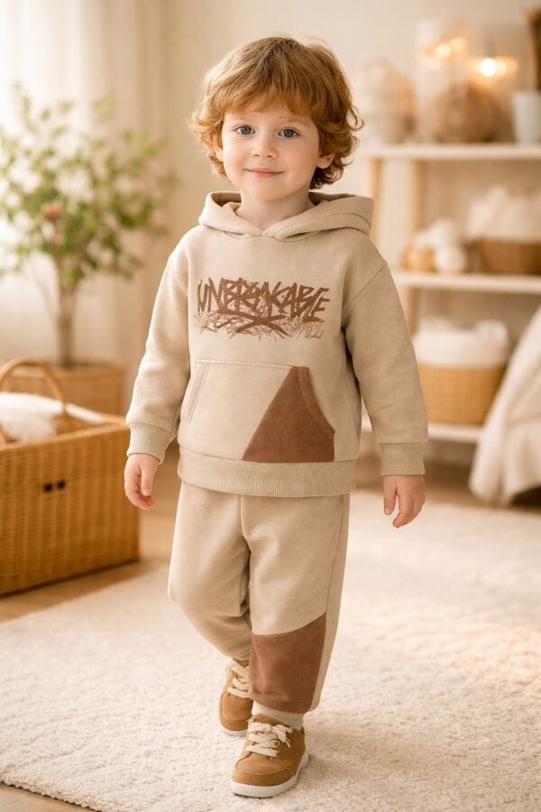 Erkek Çocuk Kapşonlu Kanguru Cepli Takım Kahverengi Renkli ve Rahat - Gorsel 2