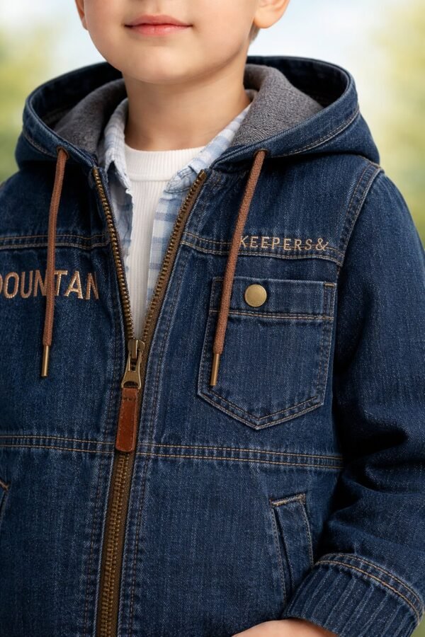 Erkek Çocuk Kot Takımı Kapüşonlu Fermuarlı Ceket ve Gömlekli Tasarım - Gorsel 3