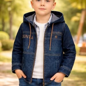 Erkek Çocuk Kot Takımı Kapüşonlu Fermuarlı Ceket ve Gömlekli Tasarım