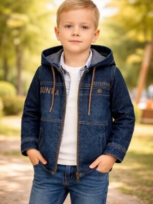 Erkek Çocuk Kot Takımı Kapüşonlu Fermuarlı Ceket ve Gömlekli Tasarım